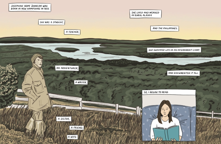 Illustration of a woman standing on a hilltop that looks out over a river surrounded by forest.