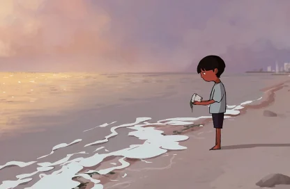 An illustration of a young boy holding trash by the beach.