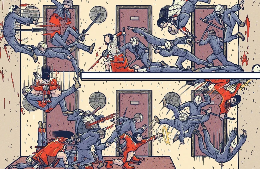 A comics panel depicting a woman in a red dress with a sword fighting blue masked men across two floors.