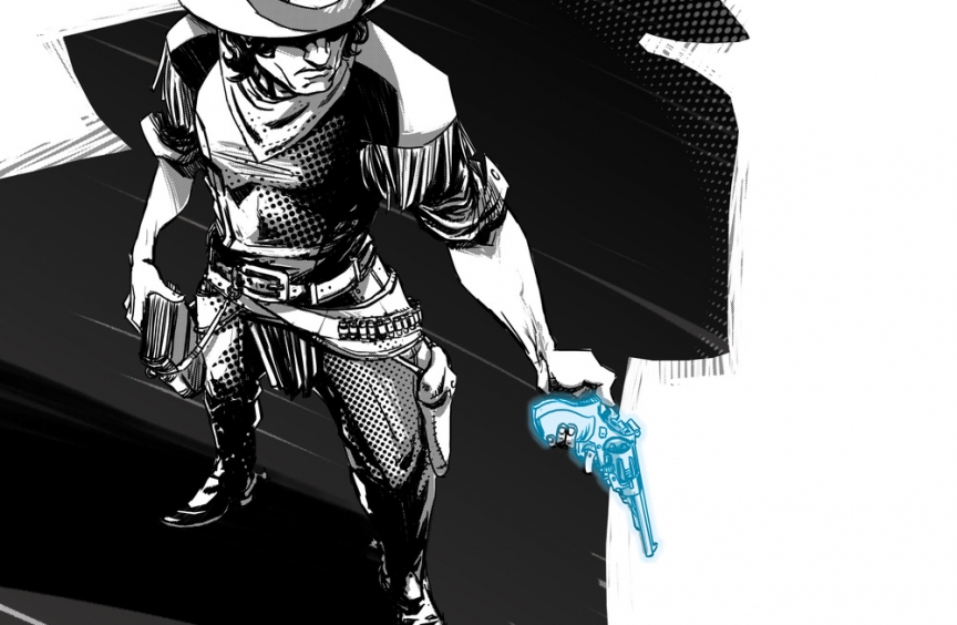 A cowboy holds a pistol with the shadow of another man looming over him ominously,.