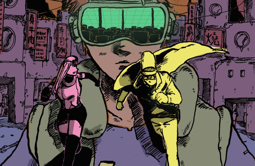 A man with VR type glasses is in the background watching a man in a hooded cape run toward us