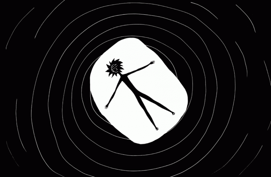 Illustration of a lone figure in silhouette against a circle of white light.