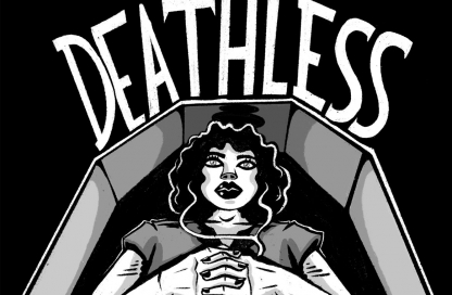 Black and white illustration of a woman lies in a coffin with her arms crossed over her chest. The word