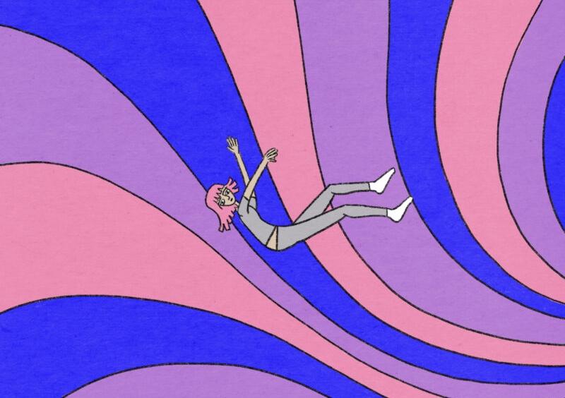 A woman falls through a psychedelic swirl of pastel colors.