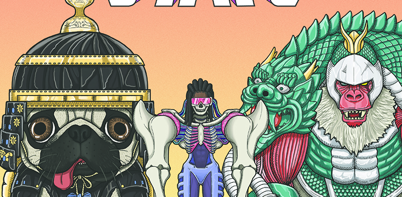 Illustration of different creatures and figures in elaborate armor.