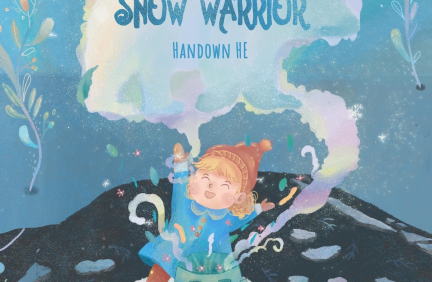 A girl plays delightedly in the snow