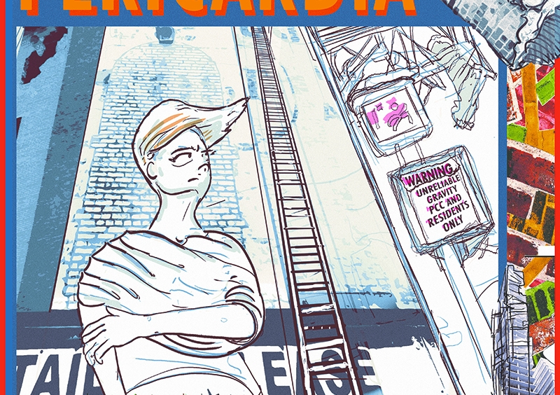 Illustration of a figure in an urban setting, with a collaged frame.