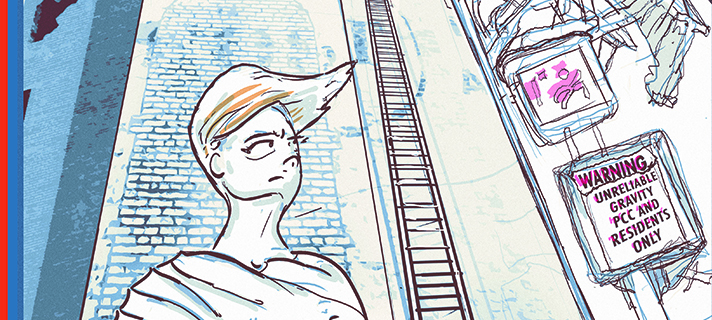 Illustration of a figure in an urban setting.