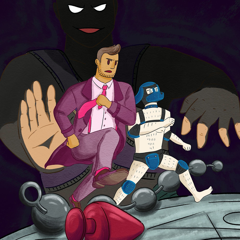 A man in a suit with. pink tie and his humanoid dog sidekick run toward us
