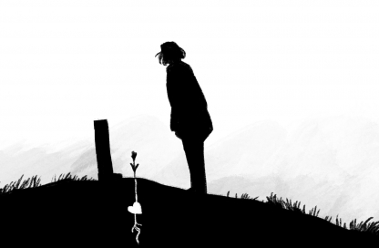 Black and white illustration of a girl stands over a grave with a flower poking up from the ground. We see the flower's roots growing down into the soil beneath her feet.