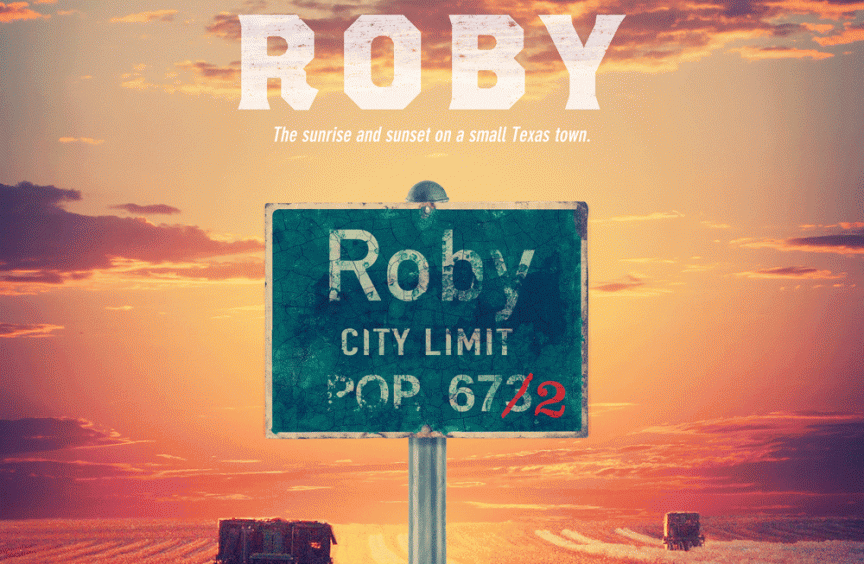 Film poster for 'I Am Roby' with a population sign against a backdrop of a Texan sunset