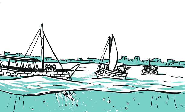 Illustration of boats on water.