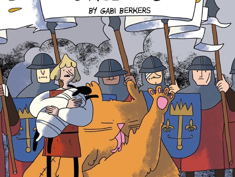 Ode to Orleans by Gabi Berkers, color illustration of medieval European soldiers, one in the foreground holding a lamb and a large orange cat licking itself behind them.