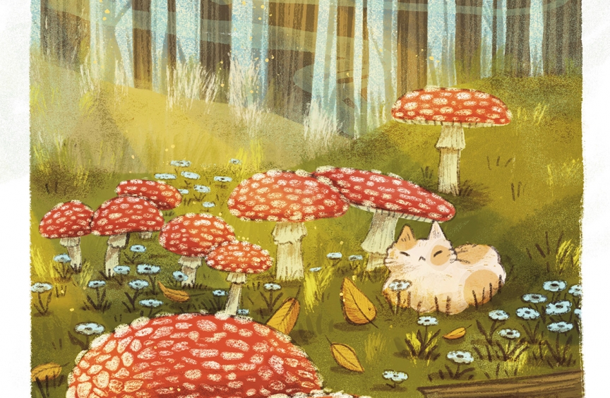 A color illustration of a forest loor covered in reddish mushrooms.