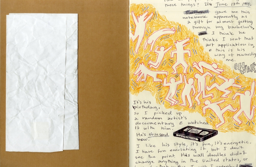 Ana Lozada Failed State, scan of an open notebook, the first page includes drawings of multiple figures in various poses against a yellow background and some text.