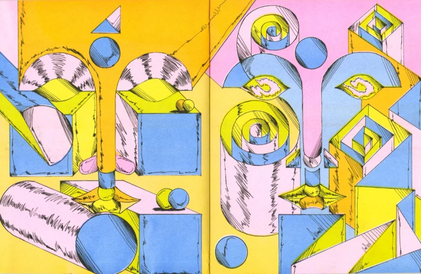 A two page riso spread that features many colorful geometric blocks and spirals that form to create faces.